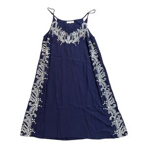 Sugar + Lips Navy Blue Dress Sleeveless Embroidered Rayon‎ Summer Casual Women's